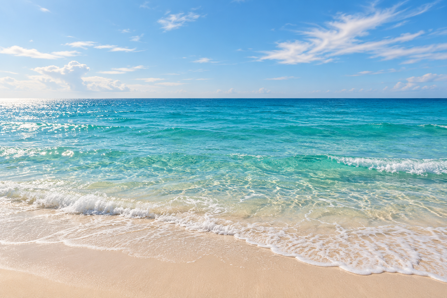 Original AI-created coastal artwork with sunlit turquoise waves and a sandy beach.